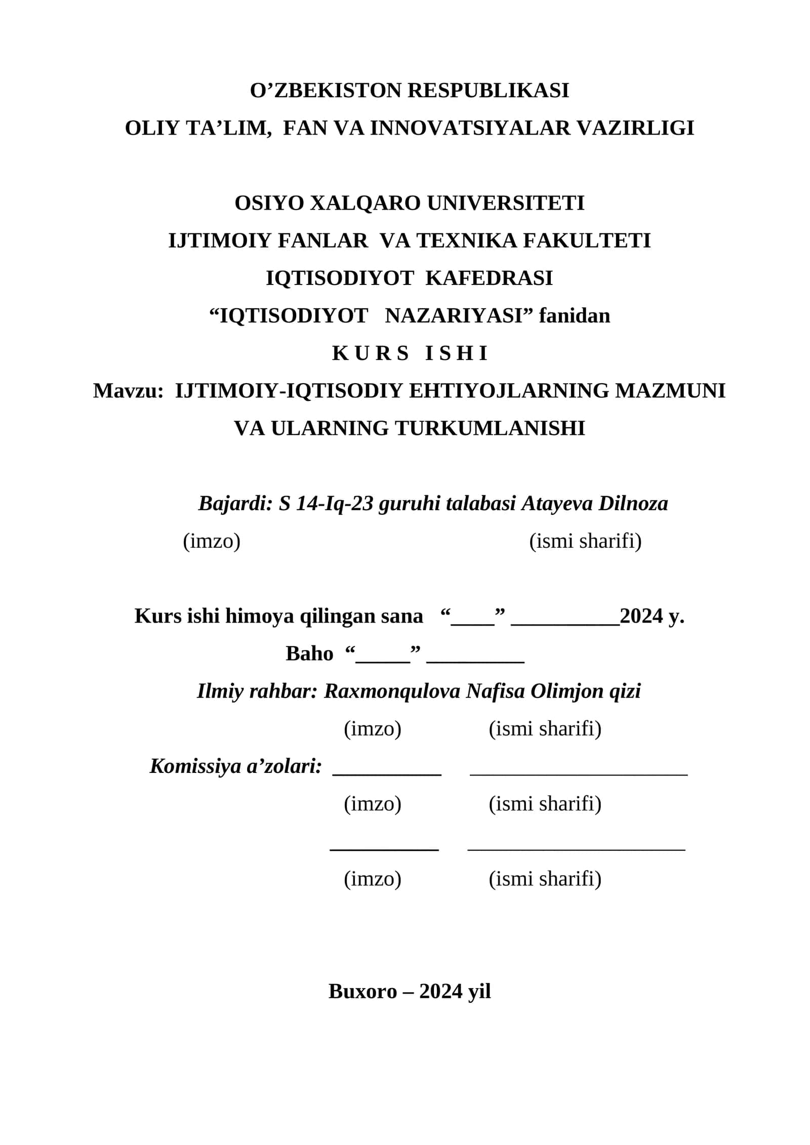 IJTIMOIY-IQTISODIY EHTIYOJLARNING MAZMUNI VA ULARNING TURKUMLANISHI