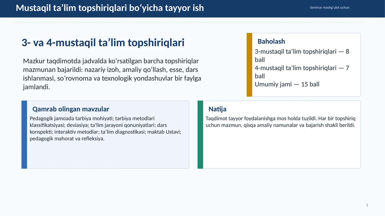 Mustaqil ta’lim topshiriqlari bo‘yicha tayyor ish