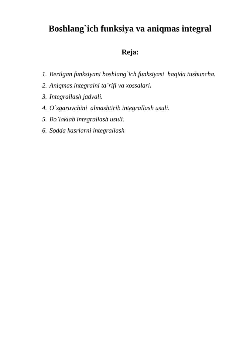 Boshlang`ich funksiya va aniqmas integral