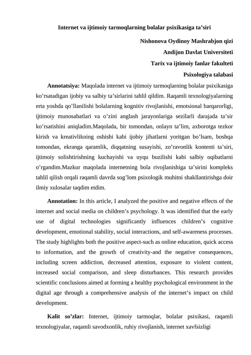 Internet va ijtimoiy tarmoqlarning bolalar psixikasiga ta’siri