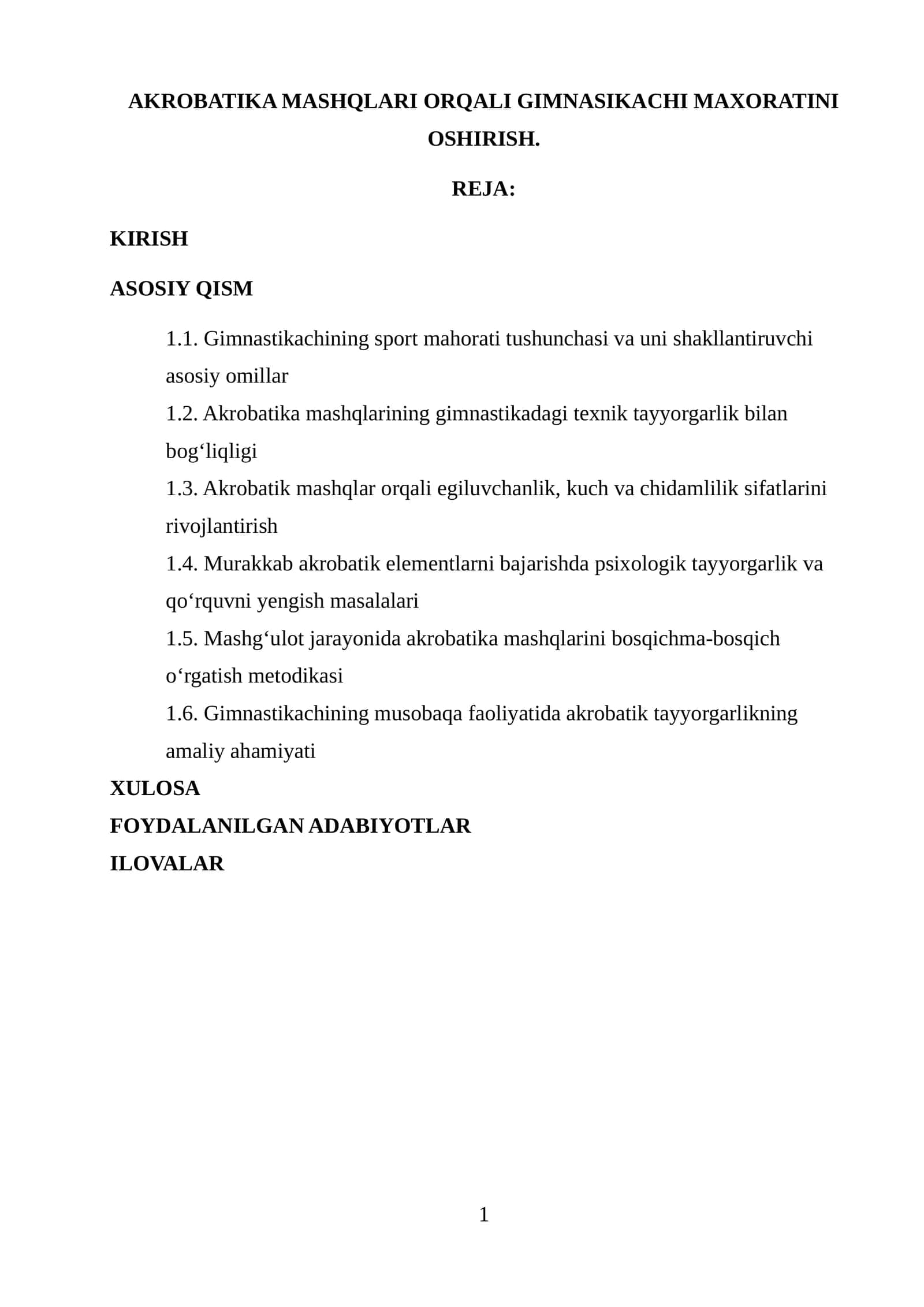 AKROBATIKA MASHQLARI ORQALI GIMNASIKACHI MAXORATINI OSHIRISH