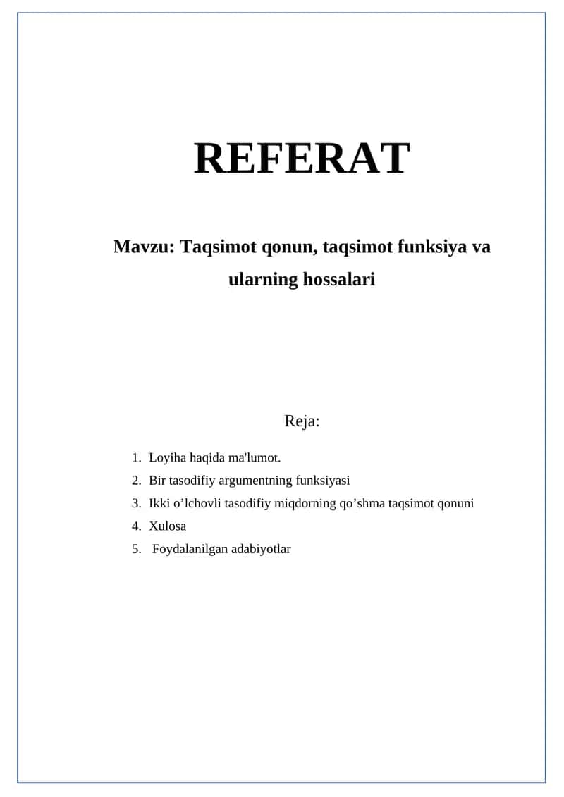 Taqsimot qonun, taqsimot funksiya va ularning hossalari