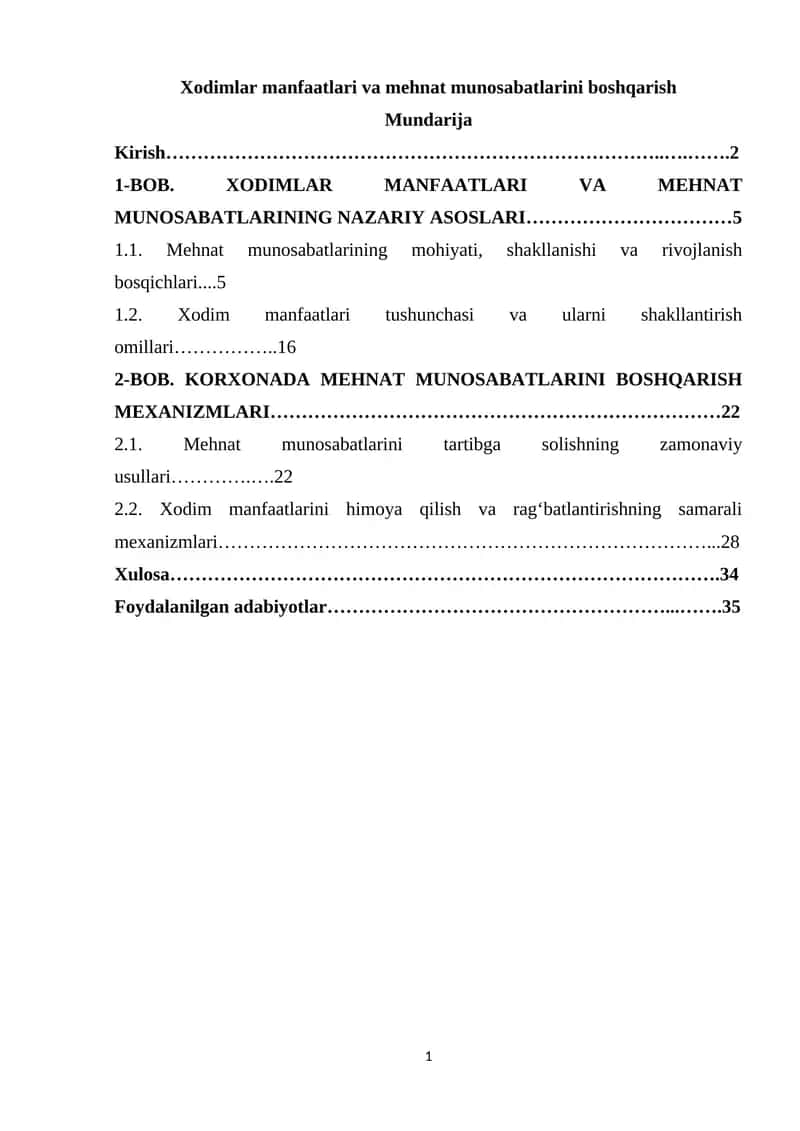 Xodimlar manfaatlari va mehnat munosabatlarini boshqarish