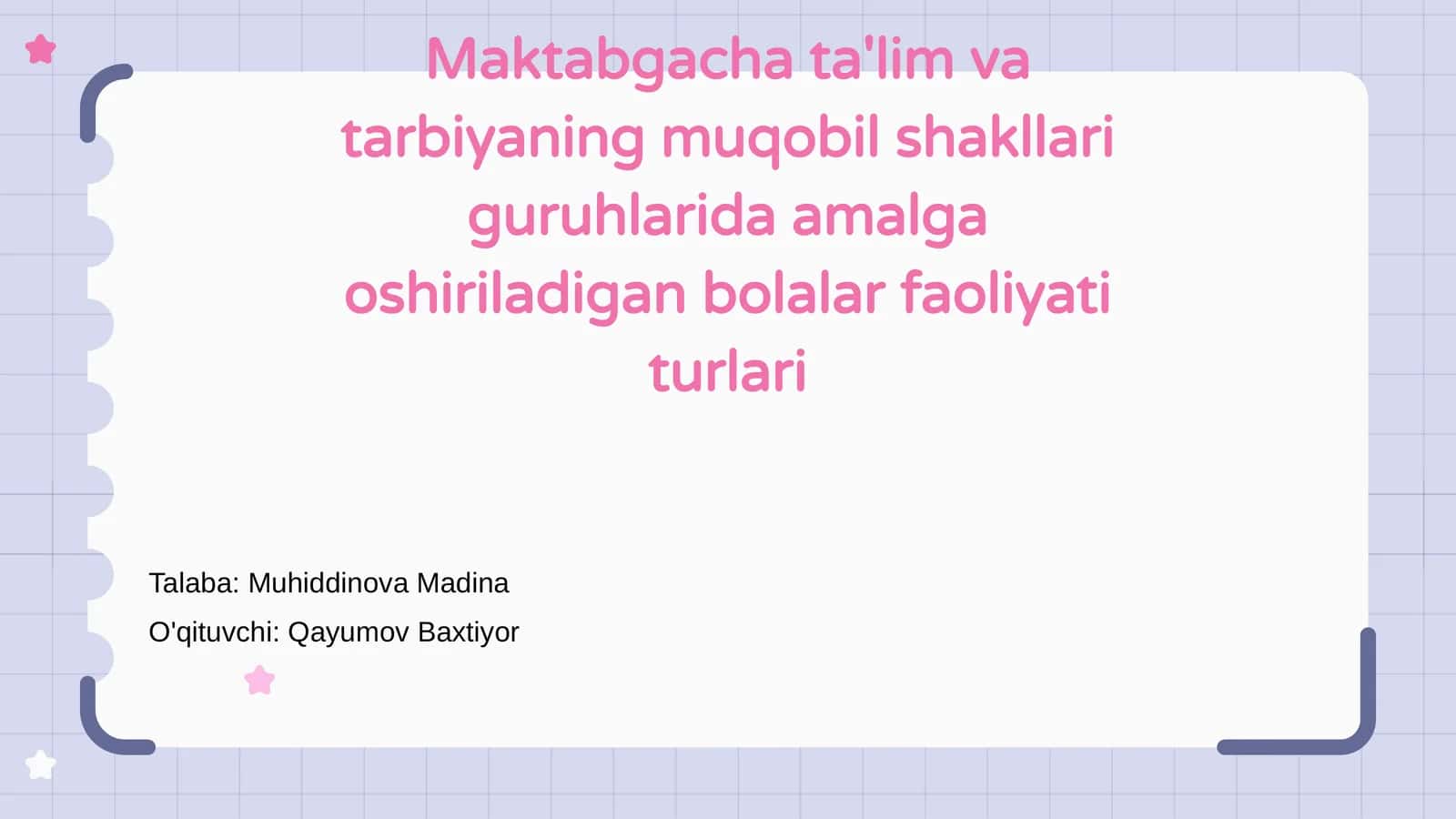 Maktabgacha ta'lim va tarbiyaning muqobil shakllari guruhlarida amalga oshiriladigan bolalar faoliyati turlari