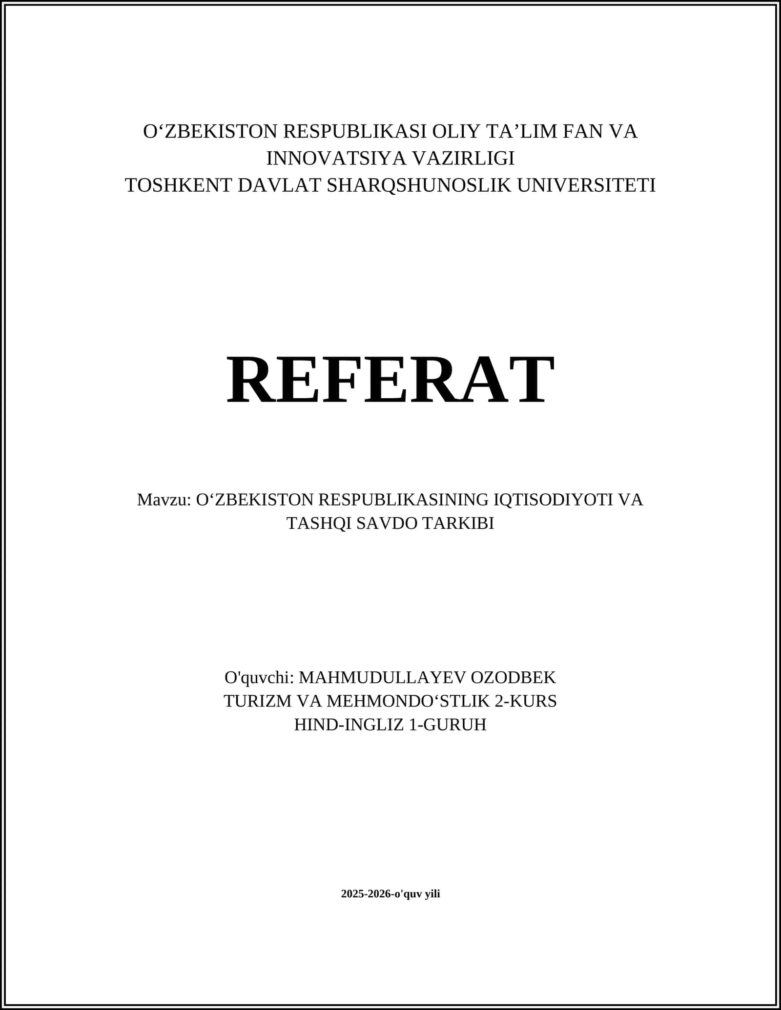 Oʻzbekiston Respublikasining iqtisodiyoti va tashqi savdo tarkibi
