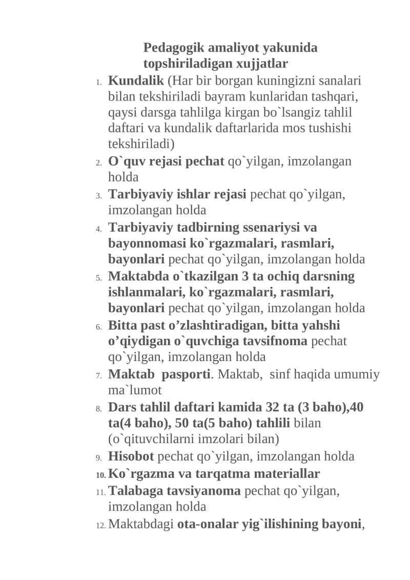 Pedagogik amaliyot yakunida topshiriladigan xujjatlar