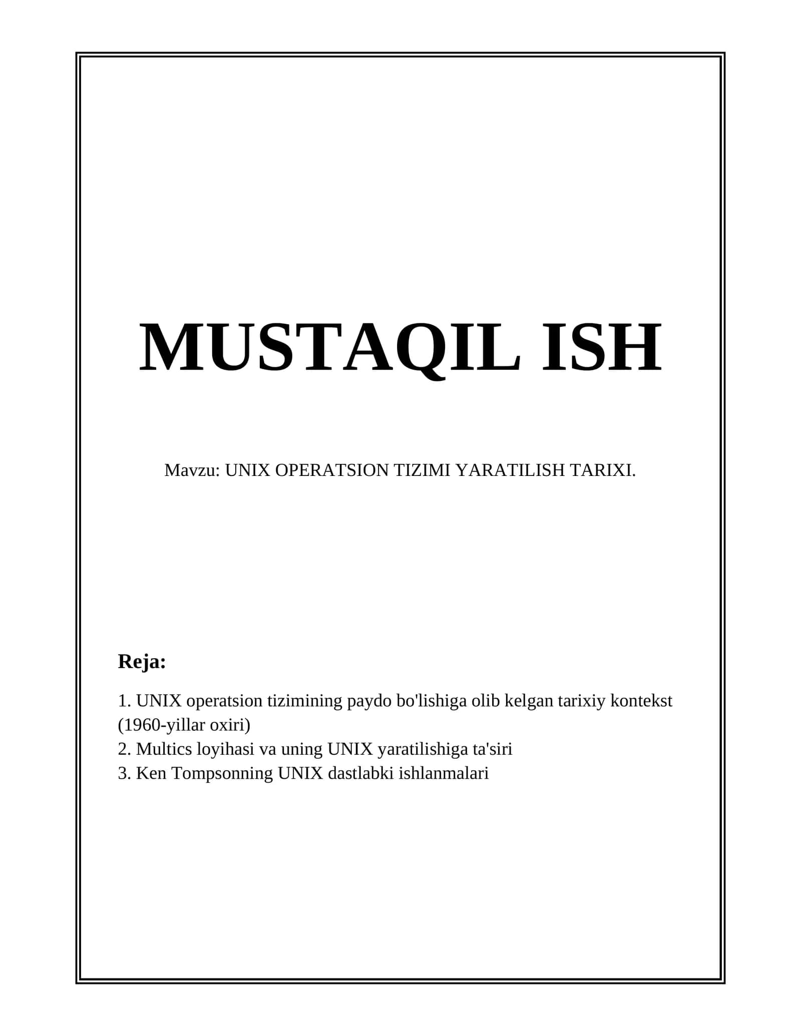 UNIX OPERATSION TIZIMI YARATILISH TARIXI
