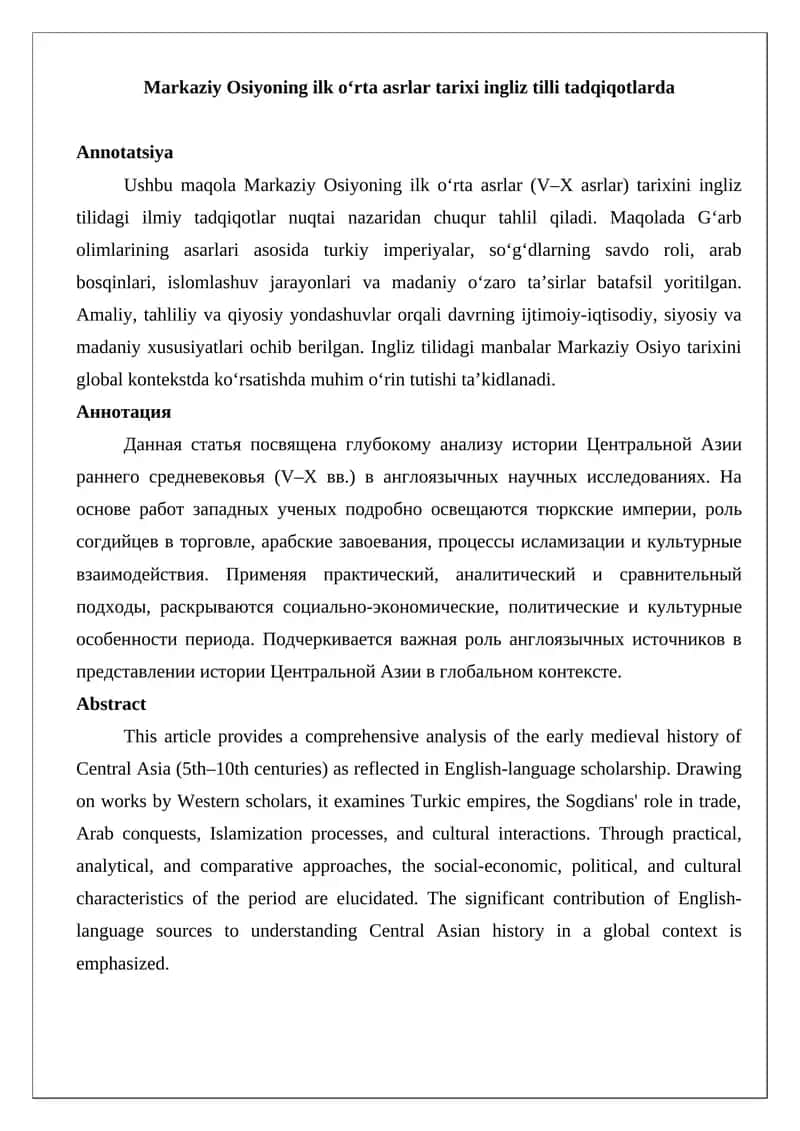 Markaziy Osiyoning ilk o‘rta asrlar tarixi ingliz tilli tadqiqotlarda