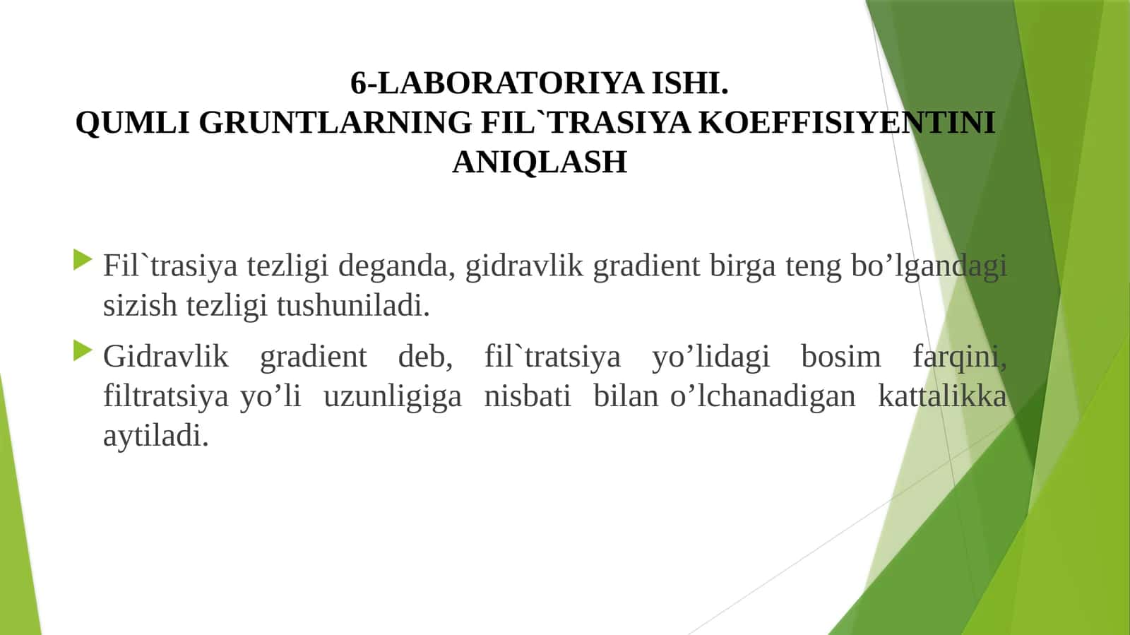 6-LABОRATОRIYA ISHI.QUMLI GRUNTLARNING FIL`TRASIYA KОЕFFISIYЕNTINI ANIQLASH