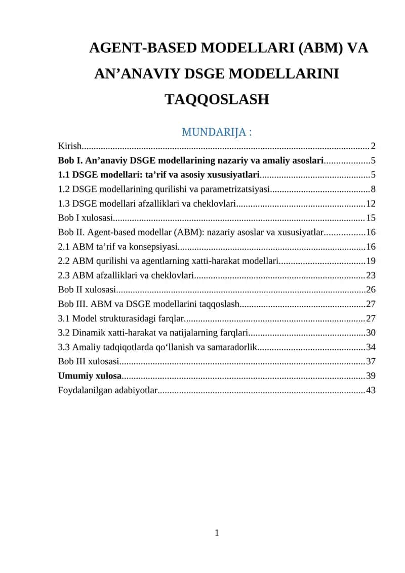 Agent-based modellar (ABM) va an’anaviy DSGE modellarini taqqoslash
