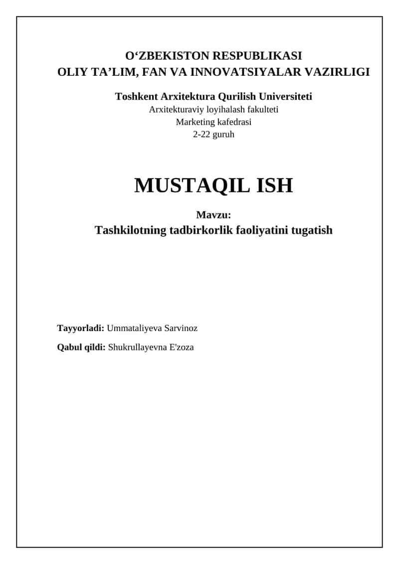 Tashkilotning tadbirkorlik faoliyatini tugatish