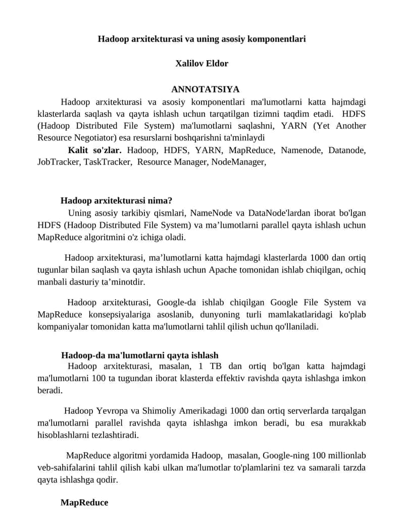 Hadoop arxitekturasi va uning asosiy komponentlari