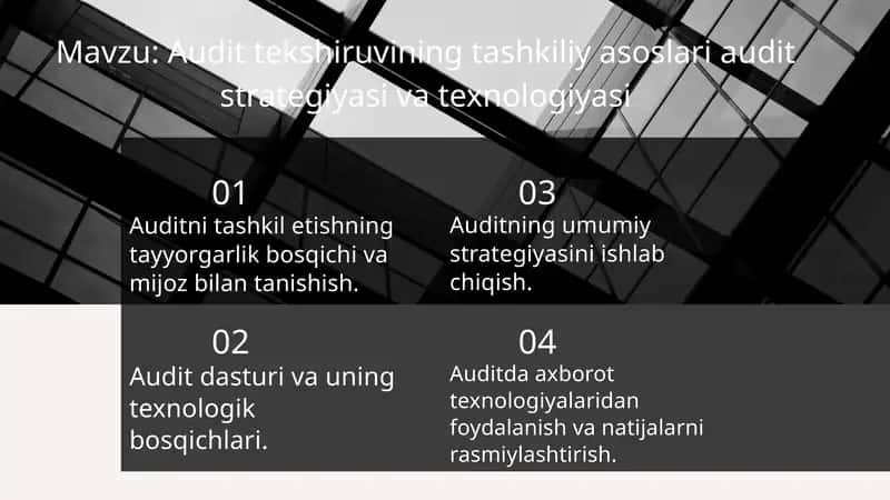 Audit tekshiruvining tashkiliy asoslari audit strategiyasi va texnologiyasi