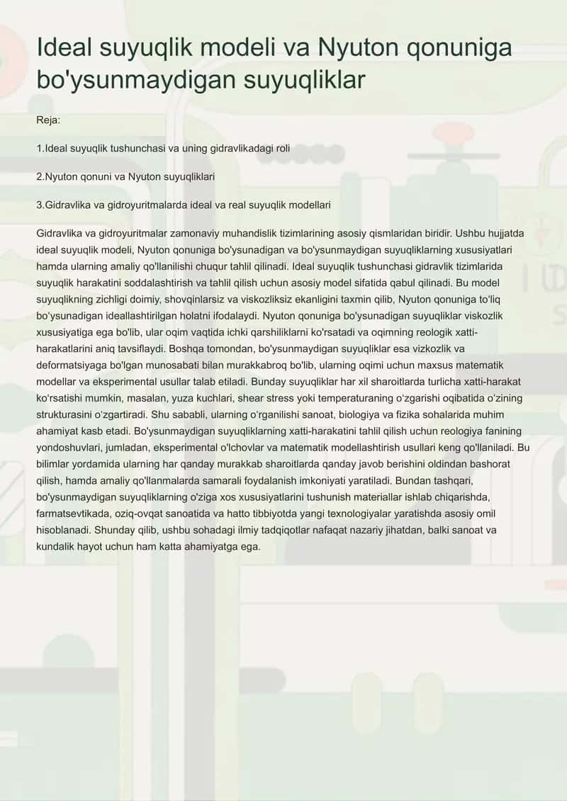 Ideal suyuqlik modeli va Nyuton qonuniga bo'ysunmaydigan suyuqliklar