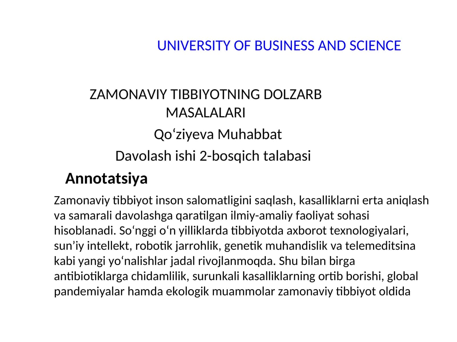 Zamonaviy tibbiyotning dolzarb masalalari