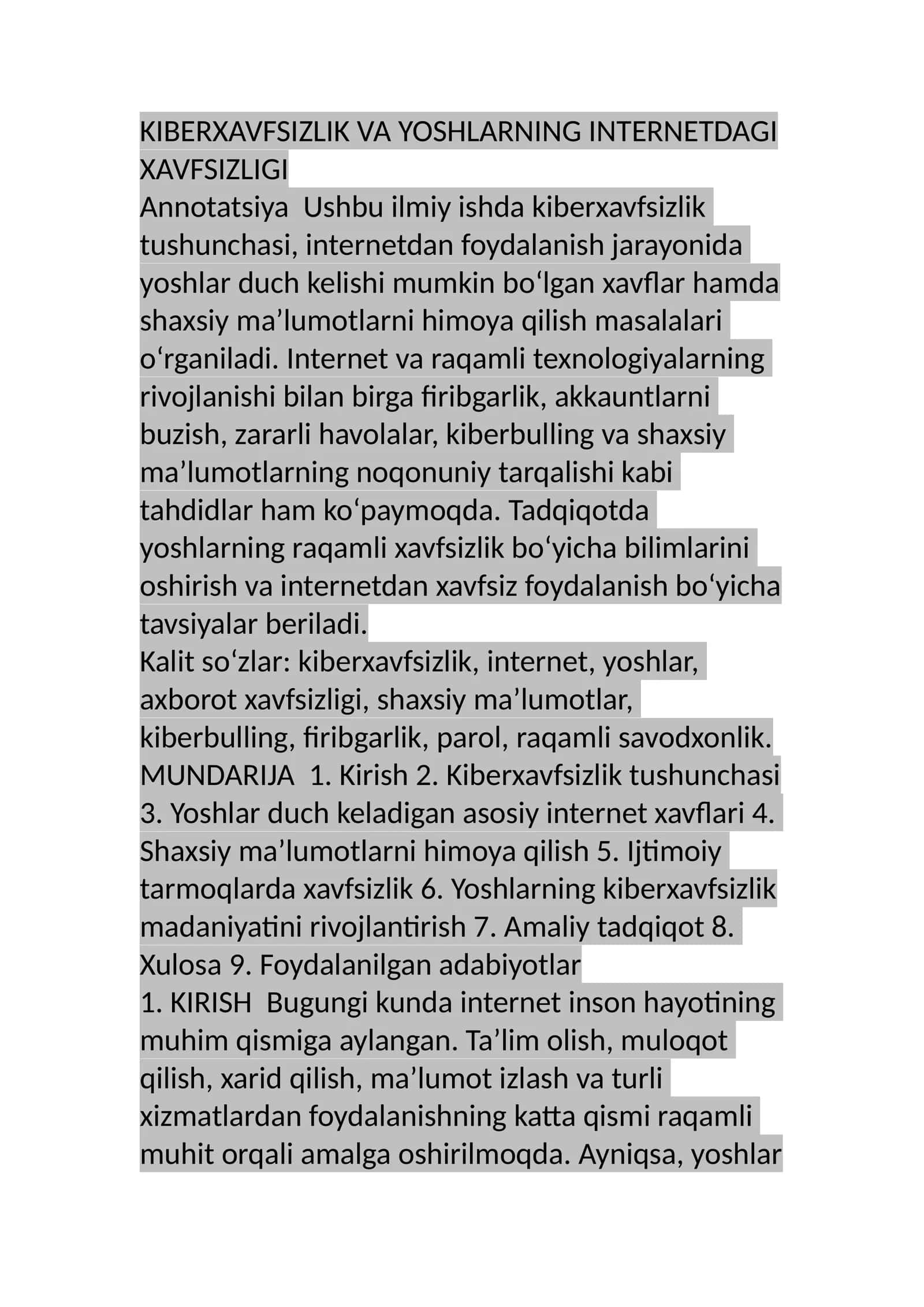 KIBERXAVFSIZLIK VA YOSHLARNING INTERNETDAGI XAVFSIZLIGI