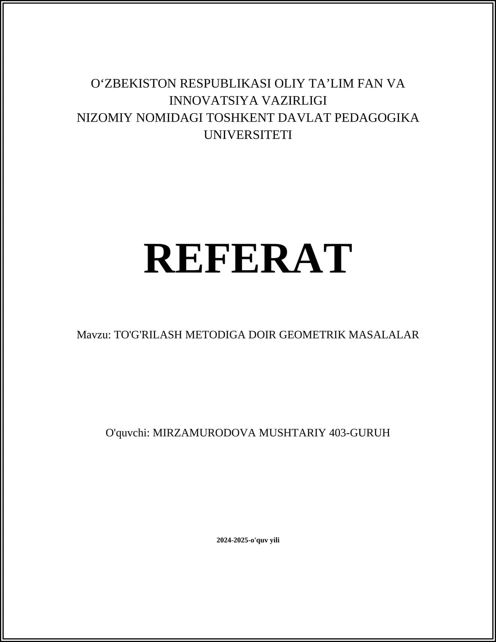 TO'G'RILASH METODIGA DOIR GEOMETRIK MASALALAR