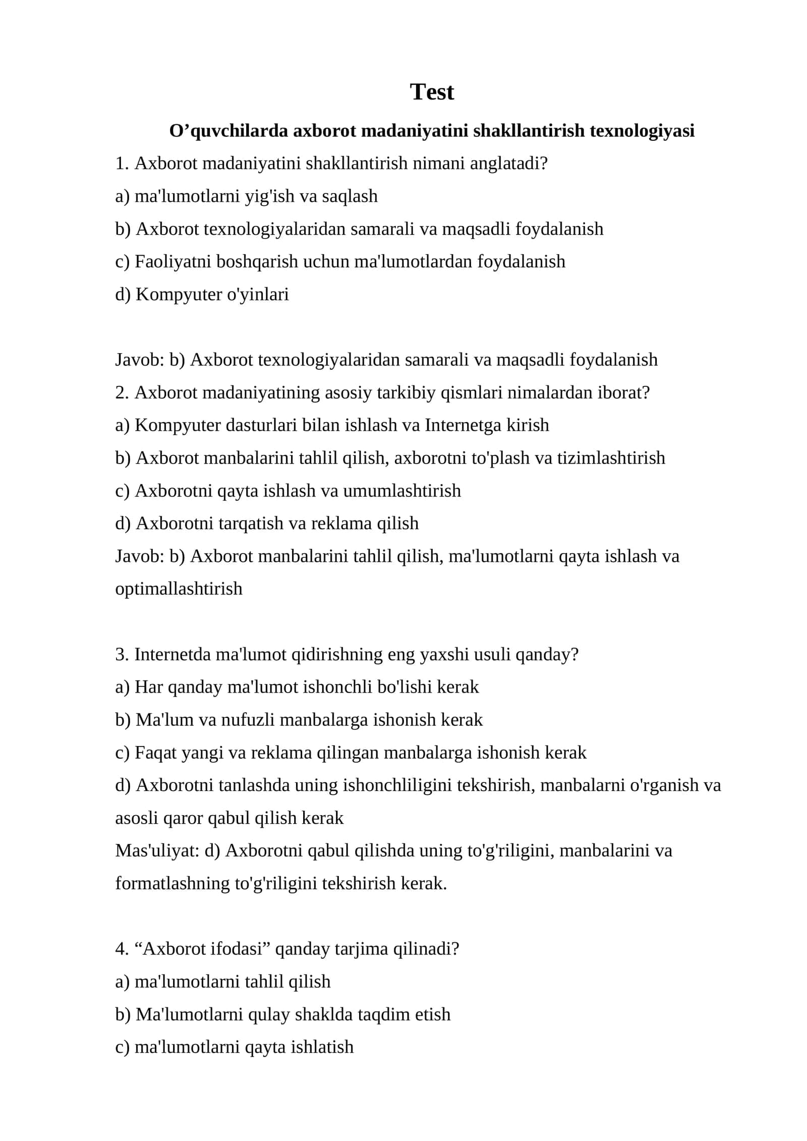 O’quvchilarda axborot madaniyatini shakllantirish texnologiyasi