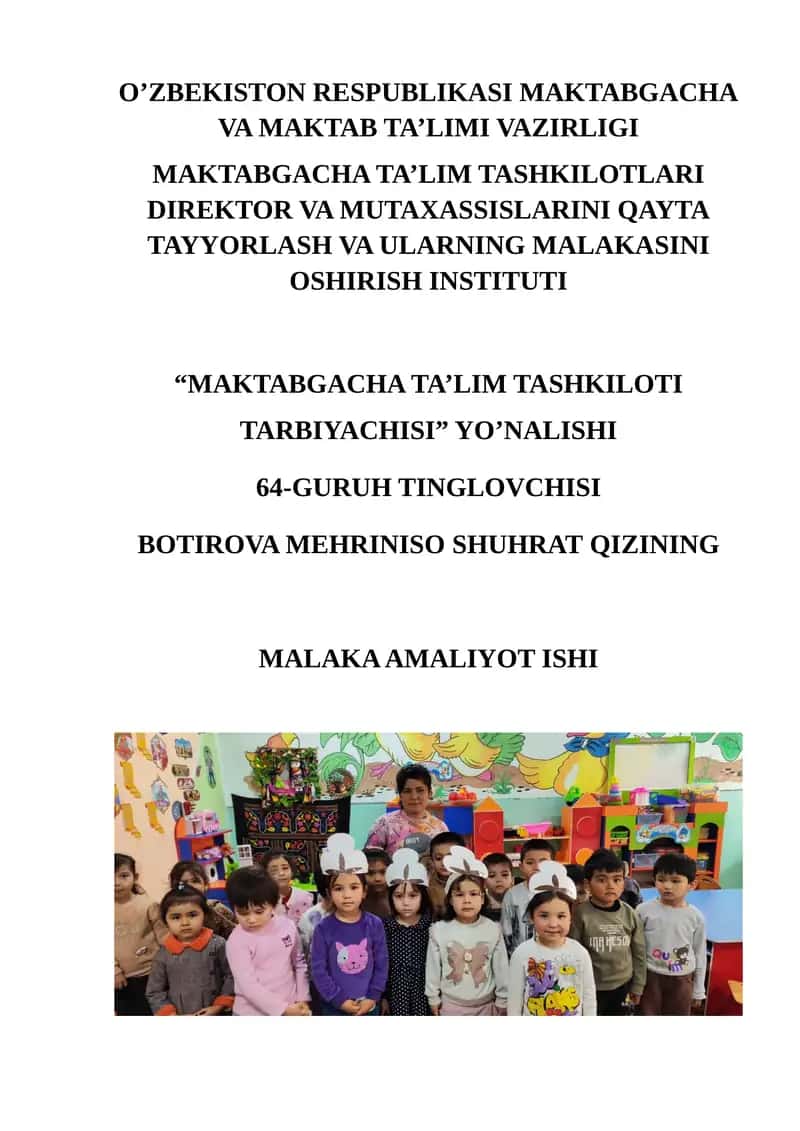 MAKTABGACHA TA’LIM TASHKILOTI TARBIYACHISI