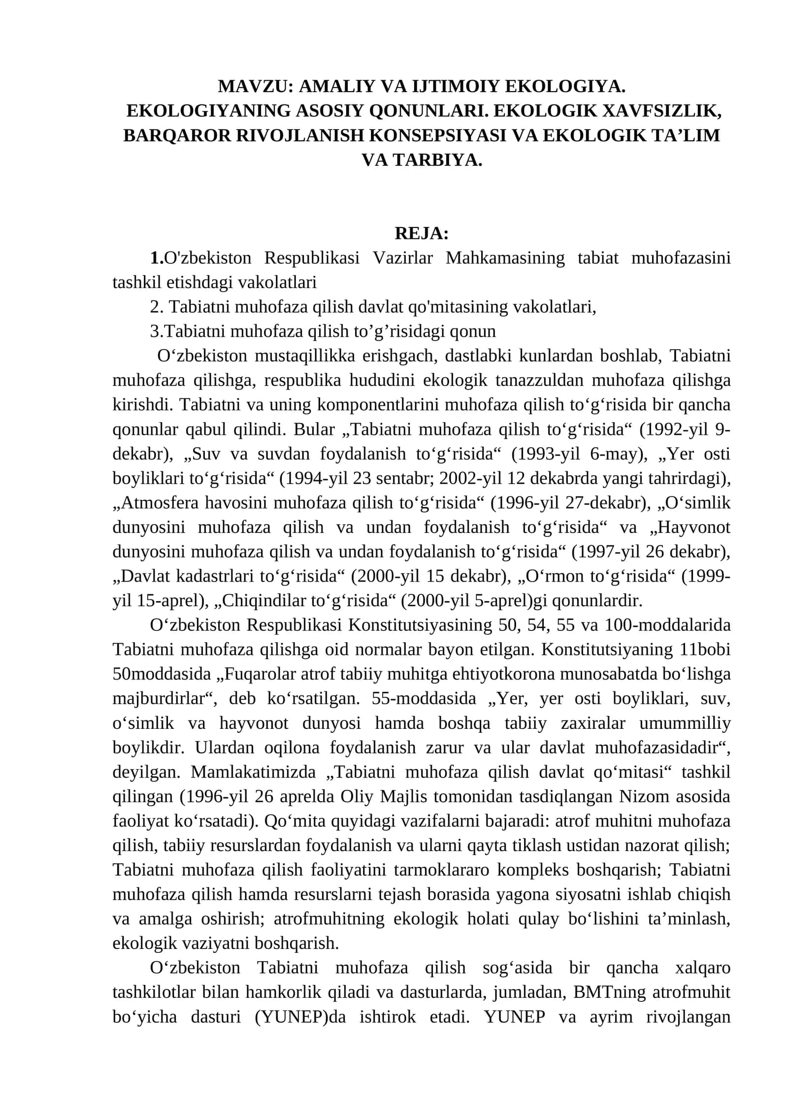 AMALIY VA IJTIMOIY EKOLOGIYA