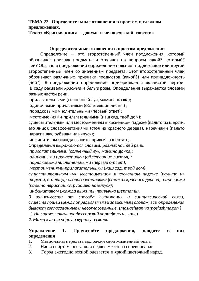 Определительные отношения в простом и сложном предложениях