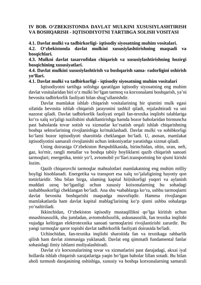O‘ZBEKISTONDA DAVLAT MULKINI XUSUSIYLASHTIRISH VA BOSHQARISH - IQTISODIYOTNI TARTIBGA SOLISH VOSITASI