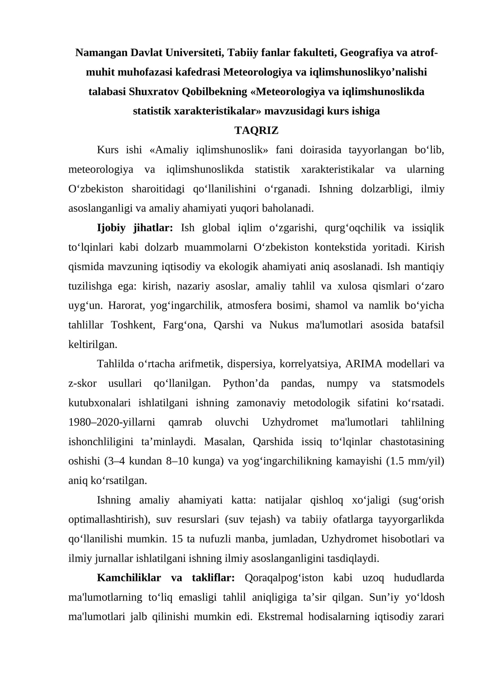 Meteorologiya va iqlimshunoslikda statistik xarakteristikalar