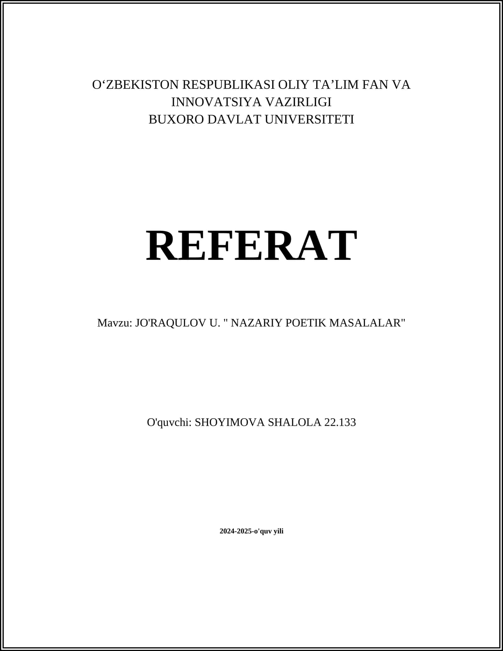 NAZARIY POETIK MASALALAR