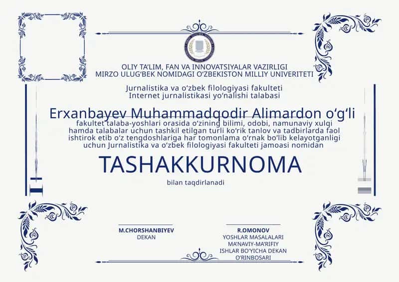 Bayram va tadbirlar uchun tayyor TASHAKKURNOMA blankasi.