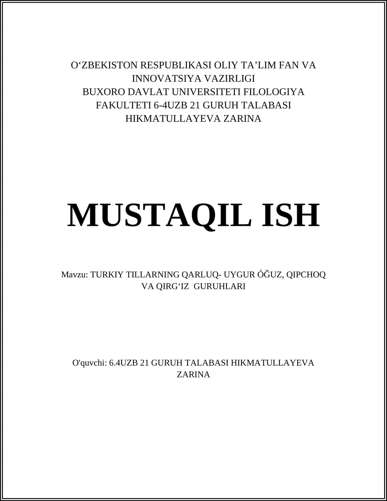 TURKIY TILLARNING QARLUQ- UYGUR ÓĞUZ, QIPCHOQ VA QIRGʻIZ GURUHLARI