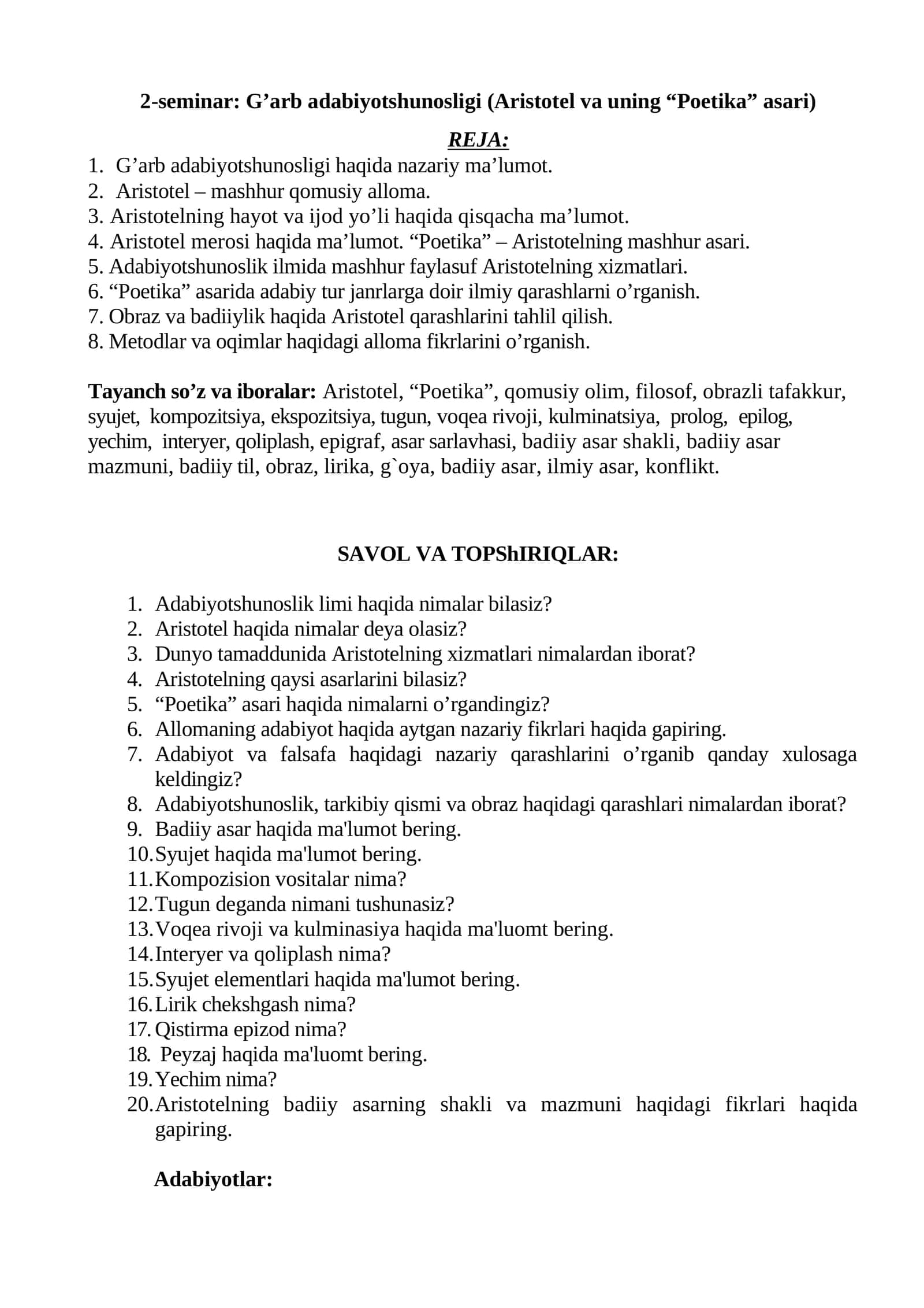 G’arb adabiyotshunosligi (Aristotel va uning “Poetika” asari)