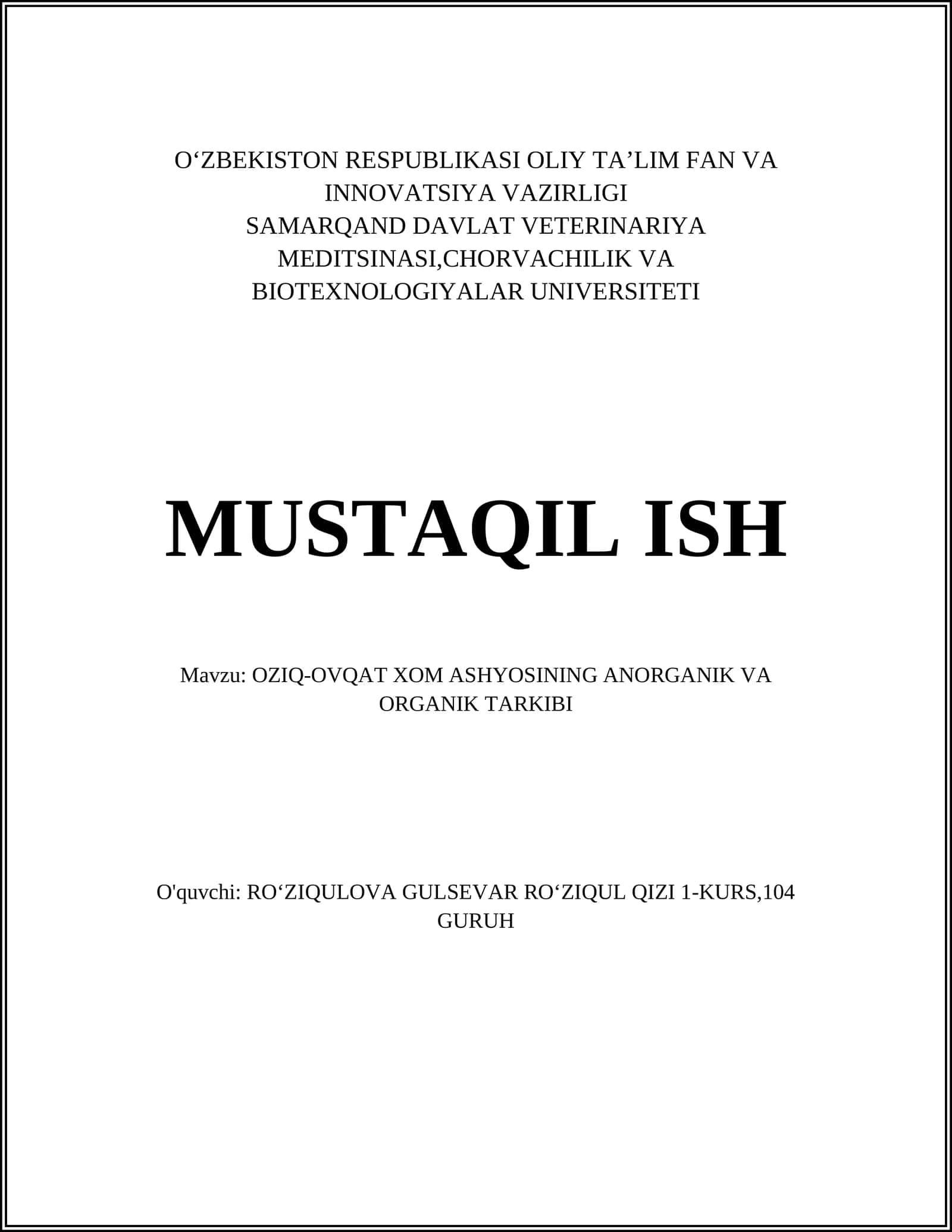 OZIQ-OVQAT XOM ASHYOSINING ANORGANIK VA ORGANIK TARKIBI