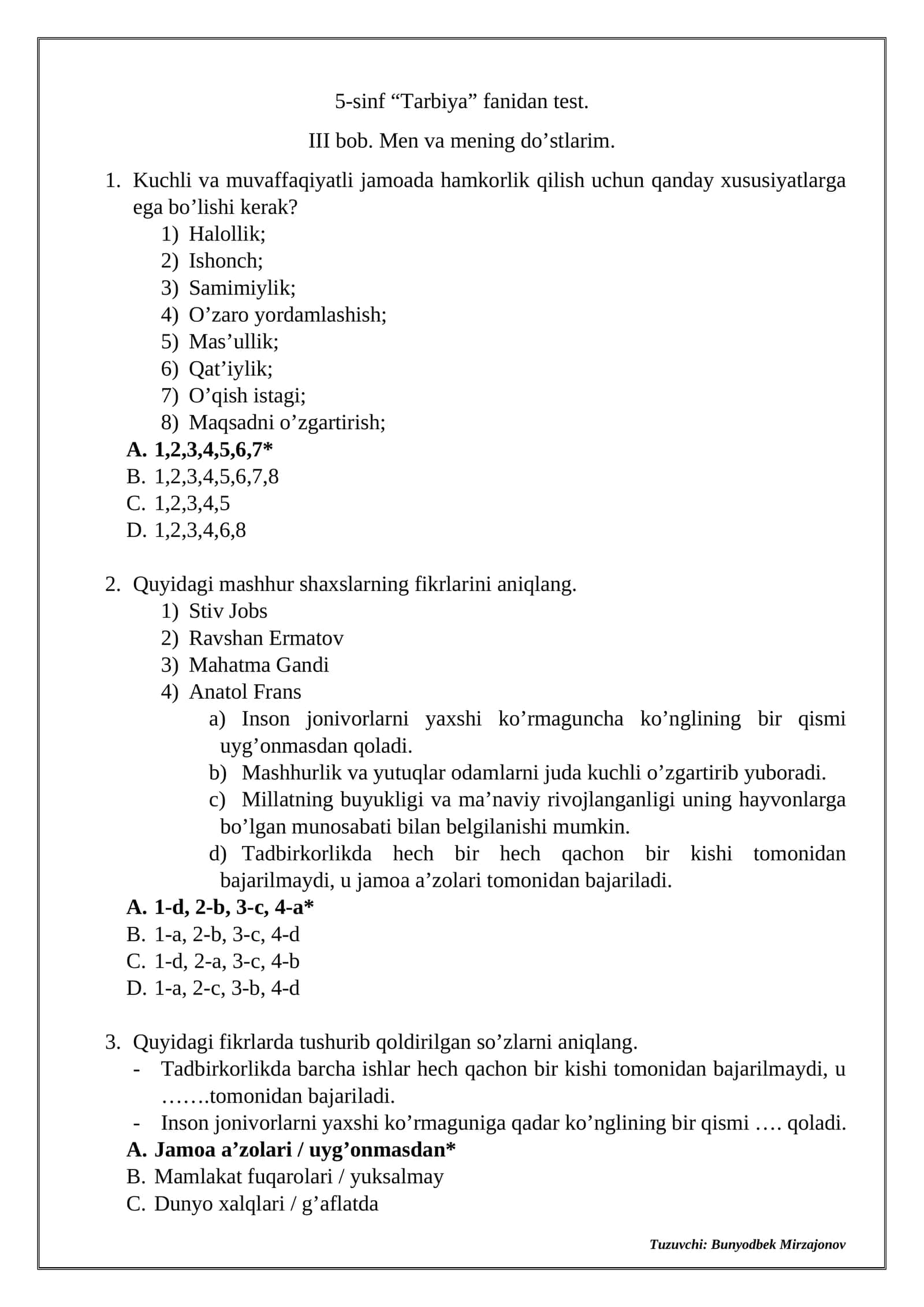 5-sinf “Tarbiya” fanidan test