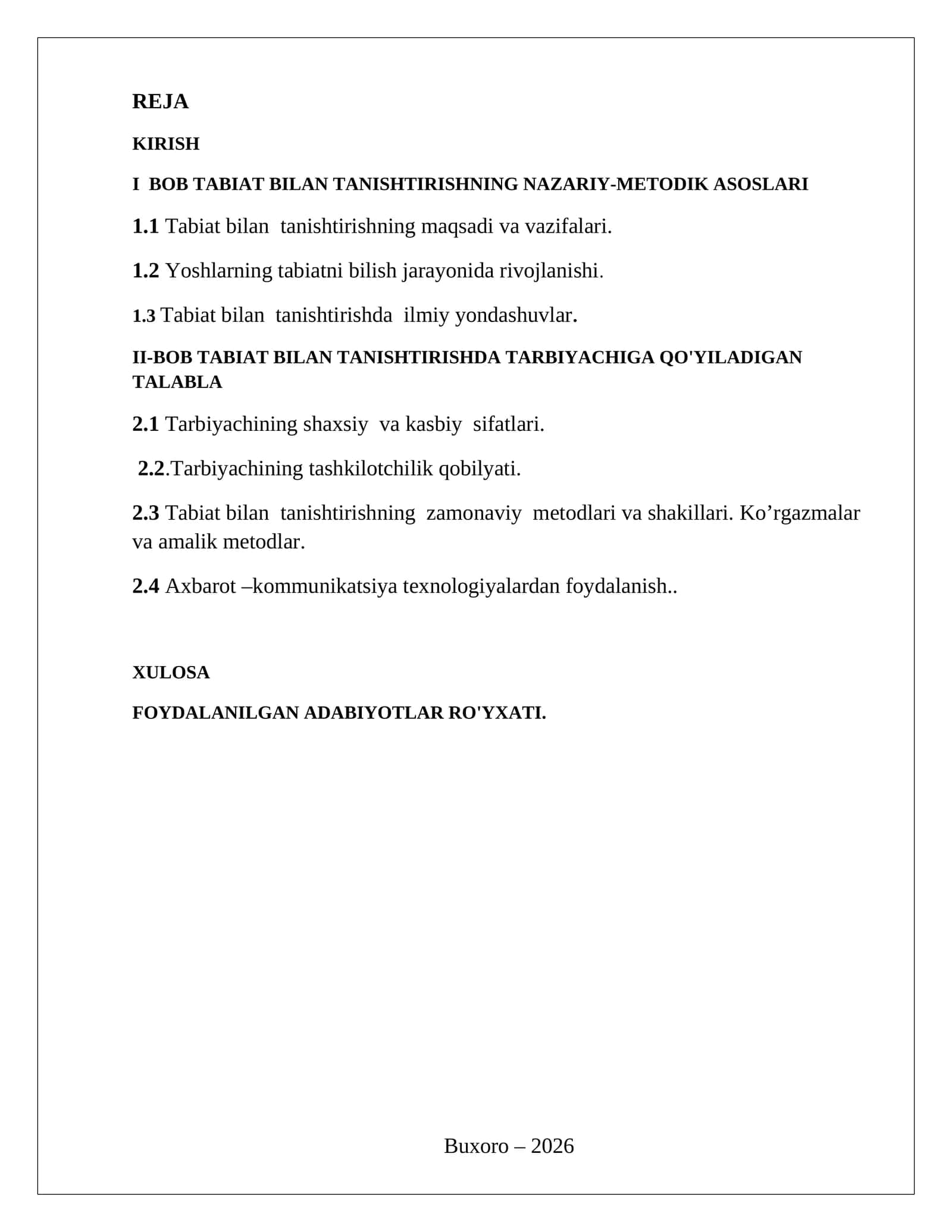 TABIAT BILAN TANISHTIRISHNING NAZARIY-METODIK ASOSLARI