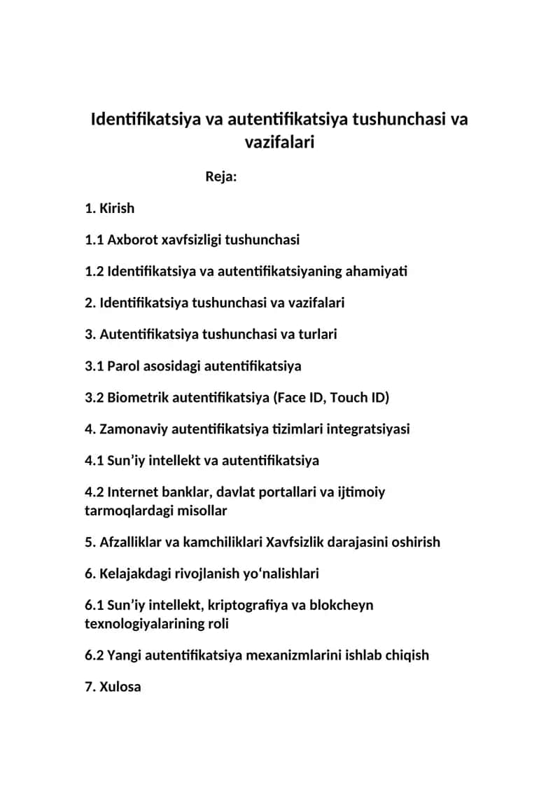 Identifikatsiya va autentifikatsiya tushunchasi va vazifalari
