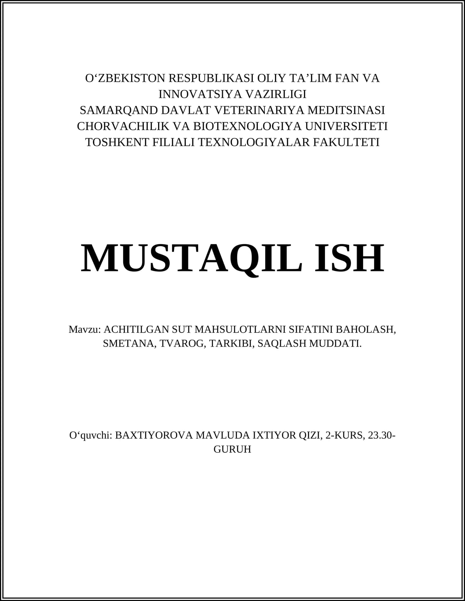 ACHITILGAN SUT MAHSULOTLARNI SIFATINI BAHOLASH