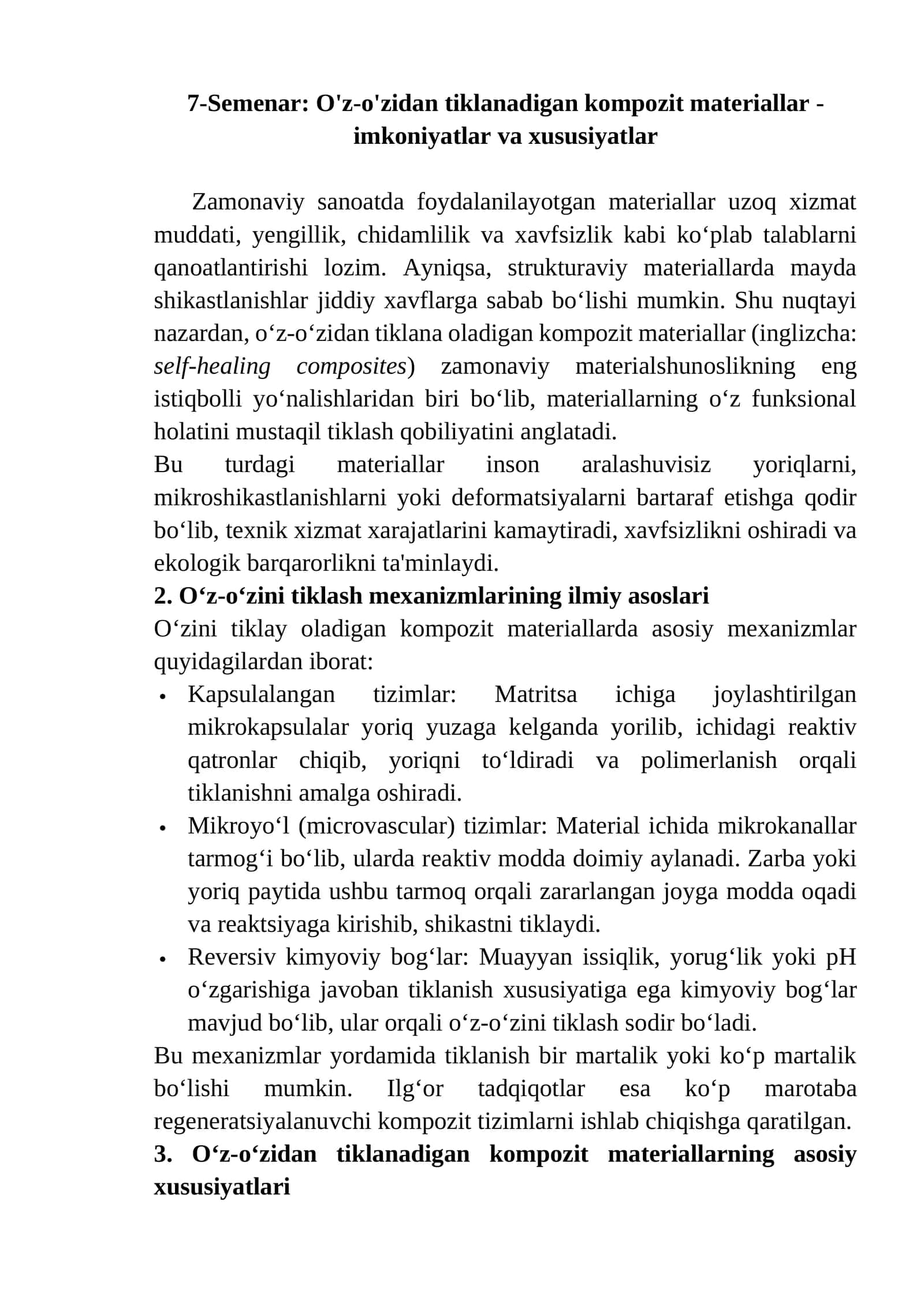 O'z-o'zidan tiklanadigan kompozit materiallar - imkoniyatlar va xususiyatlar
