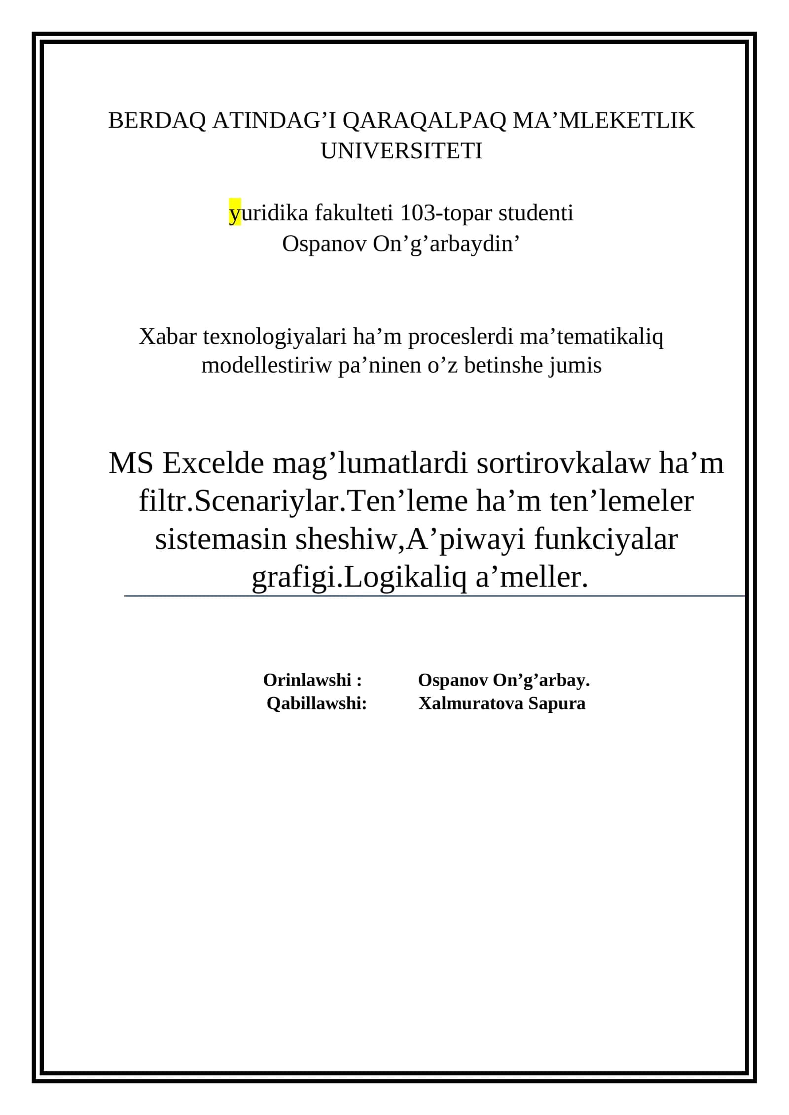 Xabar Texnologiyalari Ha'm Proceslerdi Ma’tematikaliq Modellestiriw