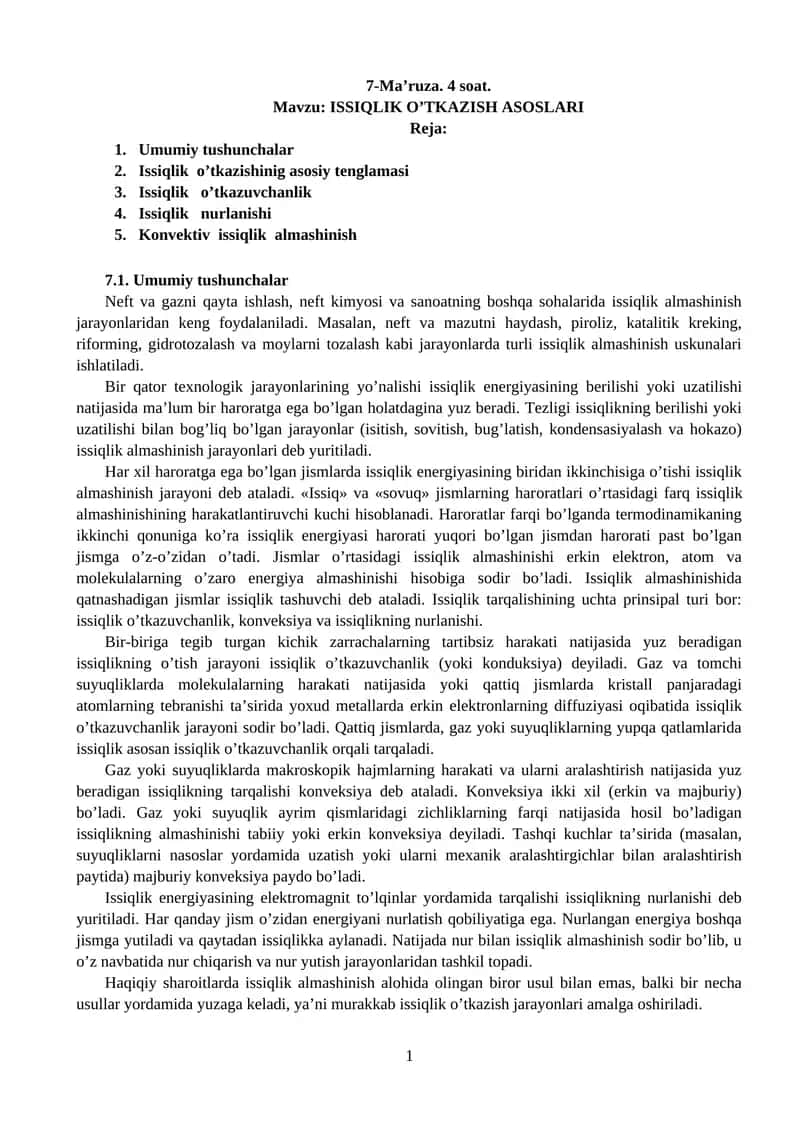 ISSIQLIK O’TKAZISH ASOSLARI