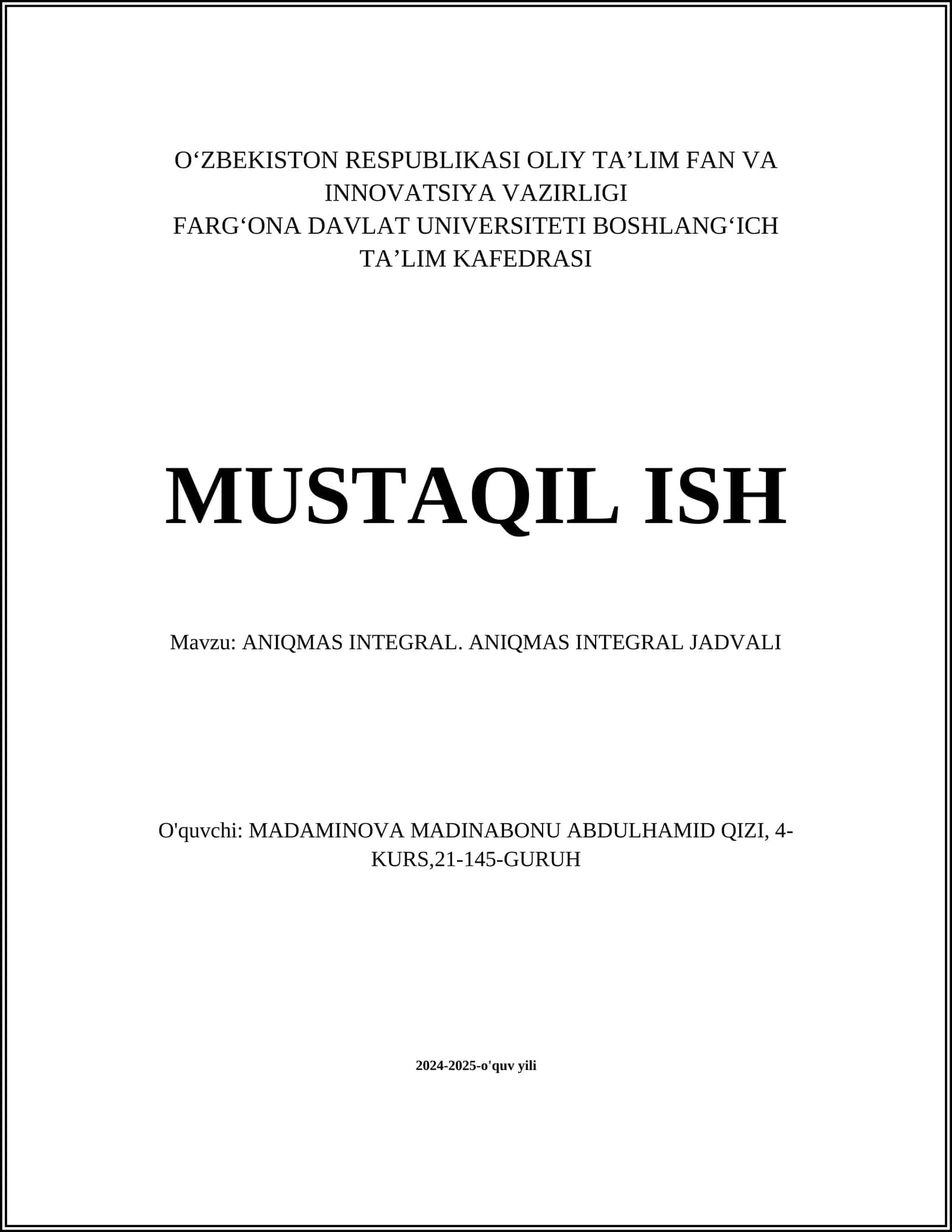 ANIQMAS INTEGRAL. ANIQMAS INTEGRAL JADVALI