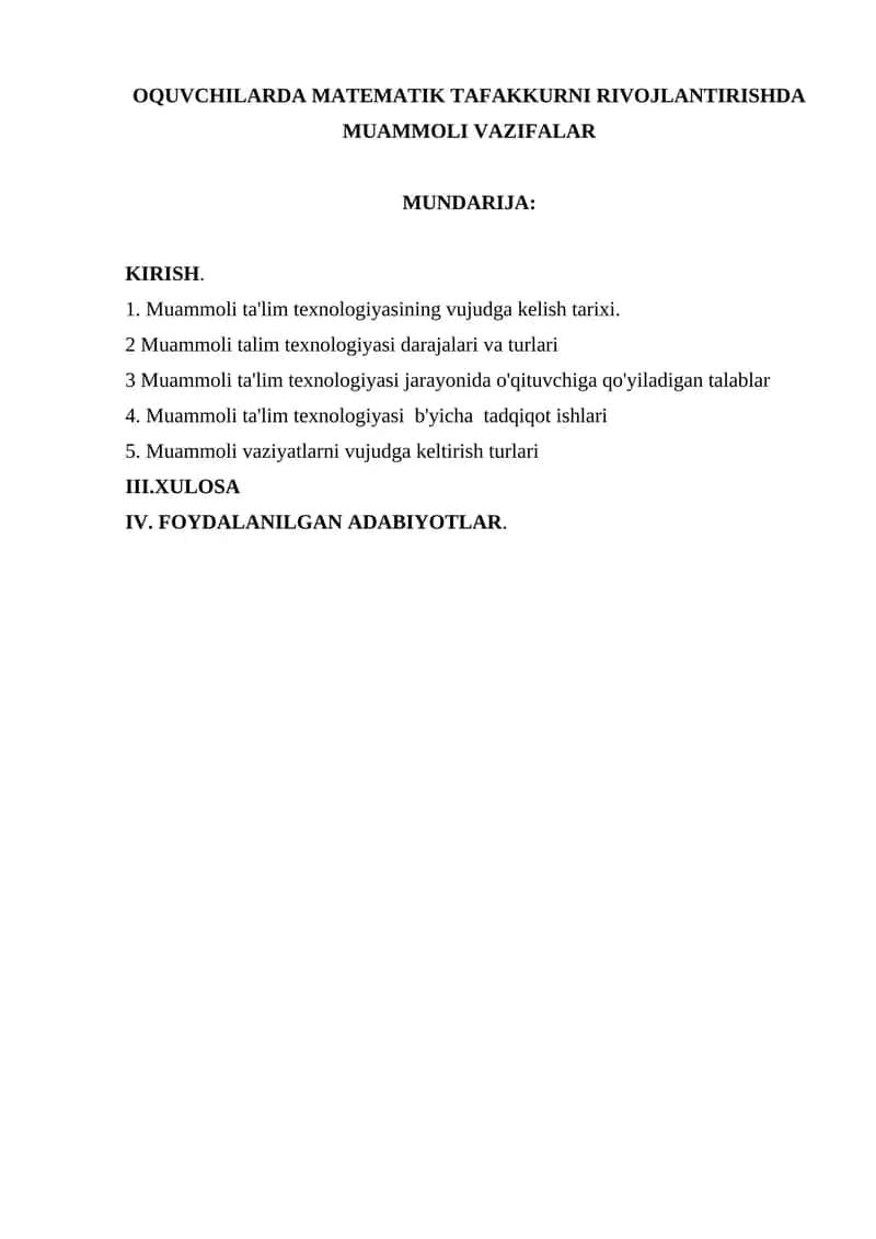 O'QUVCHILARDA MATEMATIK TAFAKKURNI RIVOJLANTIRISHDA MUAMMOLI VAZIFALAR