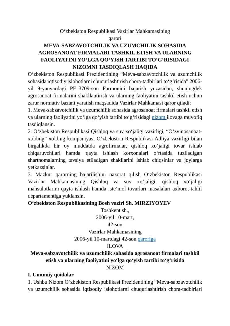 Meva-sabzavotchilik va uzumchilik sohasida agrosanoat firmalari tashkil etish va ularning faoliyatini yo‘lga qo‘yish tartibi