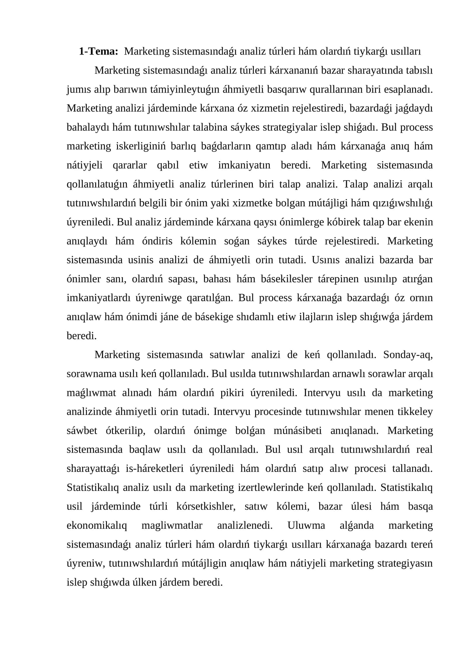 Marketing sistemasındaǵı analiz túrleri hám olardıń tiykarǵı usılları