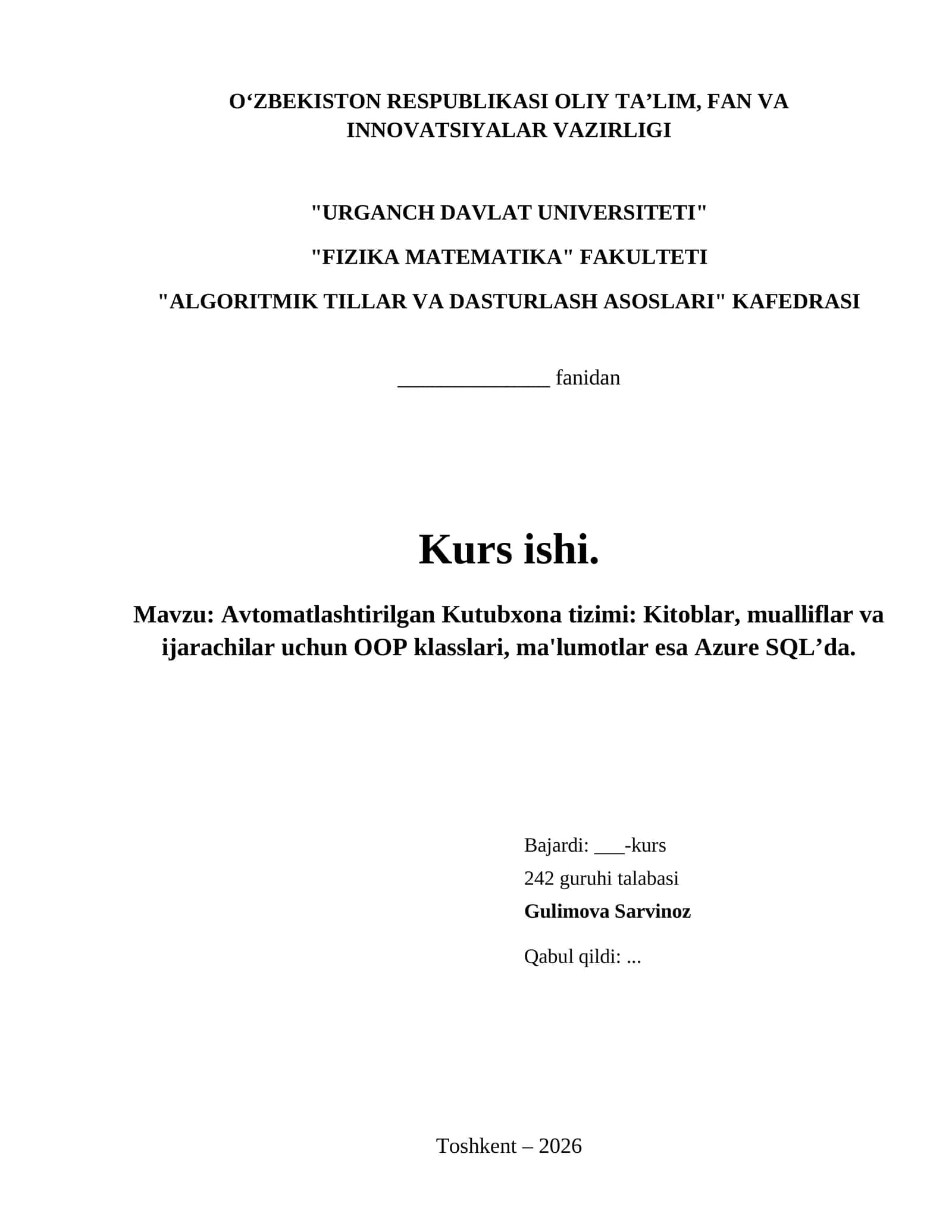 Avtomatlashtirilgan Kutubxona tizimi: Kitoblar, mualliflar va ijarachilar uchun OOP klasslari, ma'lumotlar esa Azure SQL’da.