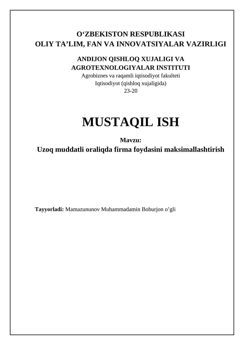 Uzoq muddatli oraliqda firma foydasini maksimallashtirish