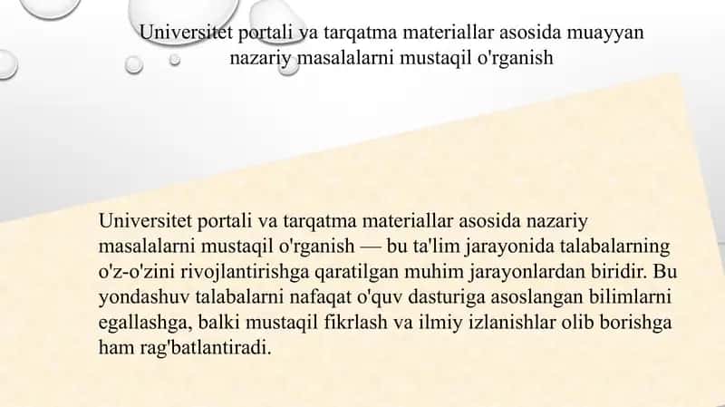 Universitet portali va tarqatma materiallar asosida muayyan nazariy masalalarni mustaqil