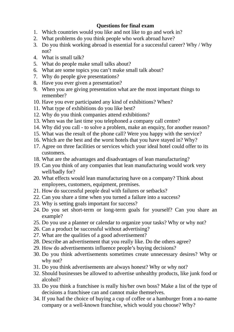 Questions for final exam