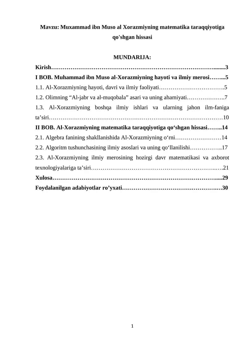 Muxammad ibn Muso al Xorazmiyning matematika taraqqiyotiga qo'shgan hissasi