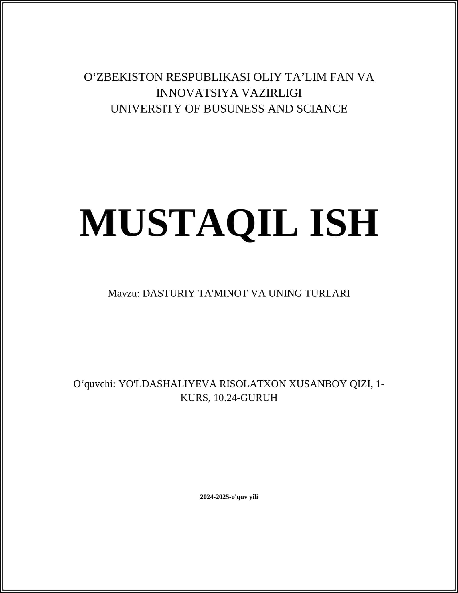 DASTURIY TA'MINOT VA UNING TURLARI
