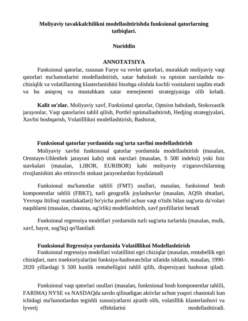 Moliyaviy tavakkalchilikni modellashtirishda funksional qatorlarning tatbiqlari